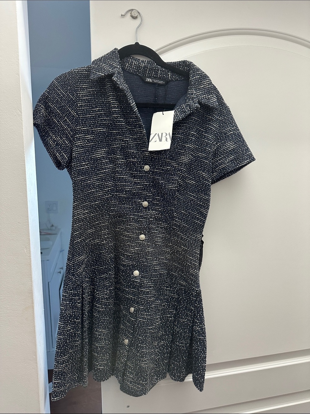 Zara Navy Tweed Button-Front Short Sleeve Dress